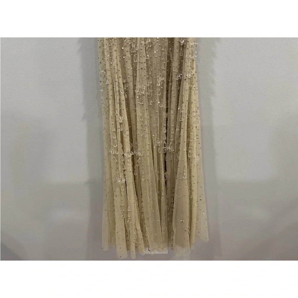Mac Duggal 10101 Nude Silver V-Neck Column Gown with Fringe Embellishments Sz 0 - Picture 12 of 12
